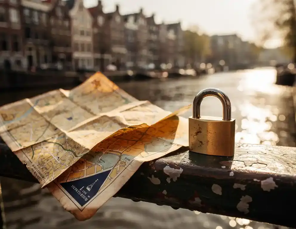 Versleten papieren kaart en messing hangslot op een verweerde Amsterdamse grachtenbrug, met gevels en gouden waterreflecties op de achtergrond.