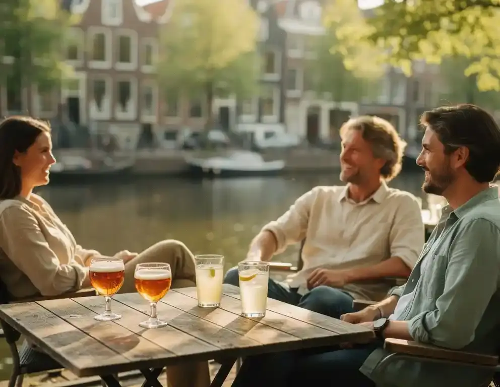 Collega's op een zonnig terras aan een Amsterdamse gracht met craft bier en limonade, historische gevels weerspiegeld in het water.