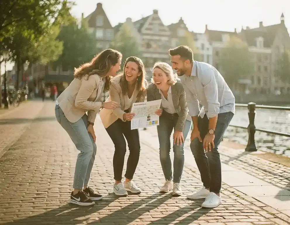 Collega's lachen tijdens een buitenactiviteit op de historische Arnhemse rivieroever, met kasseien en Hollandse gevels op de achtergrond.