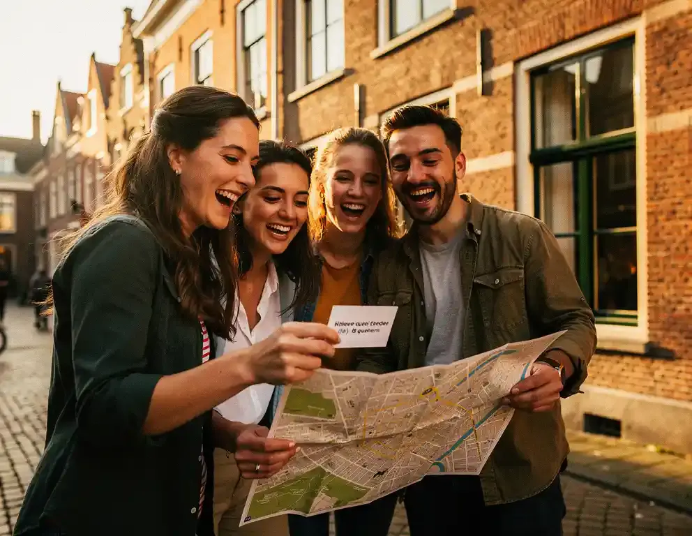 Collega's lachen samen tijdens een buitenactiviteit in het historische centrum van Arnhem, met een aanwijzingskaart en stadsplattegrond.