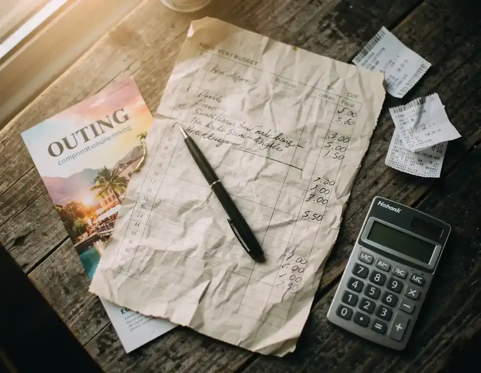 Verfrommeld budgetoverzicht voor een bedrijfsuitje op houten tafel, met pen, bonnetjes en rekenmachine in warm daglicht.