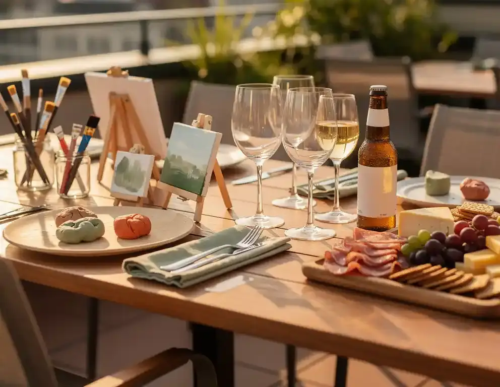 Houten terrastafel voor een informele teambijeenkomst met knutselspullen, wijnglazen, charcuterie en een bierflesje in warm middaglicht.