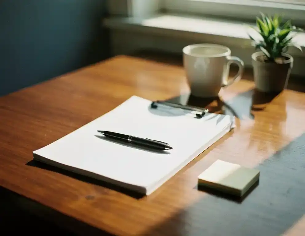 Budgetvoorstel op een opgeruimd houten bureau met pen en sticky note, warm middaglicht, koffiemok en plant op de achtergrond.