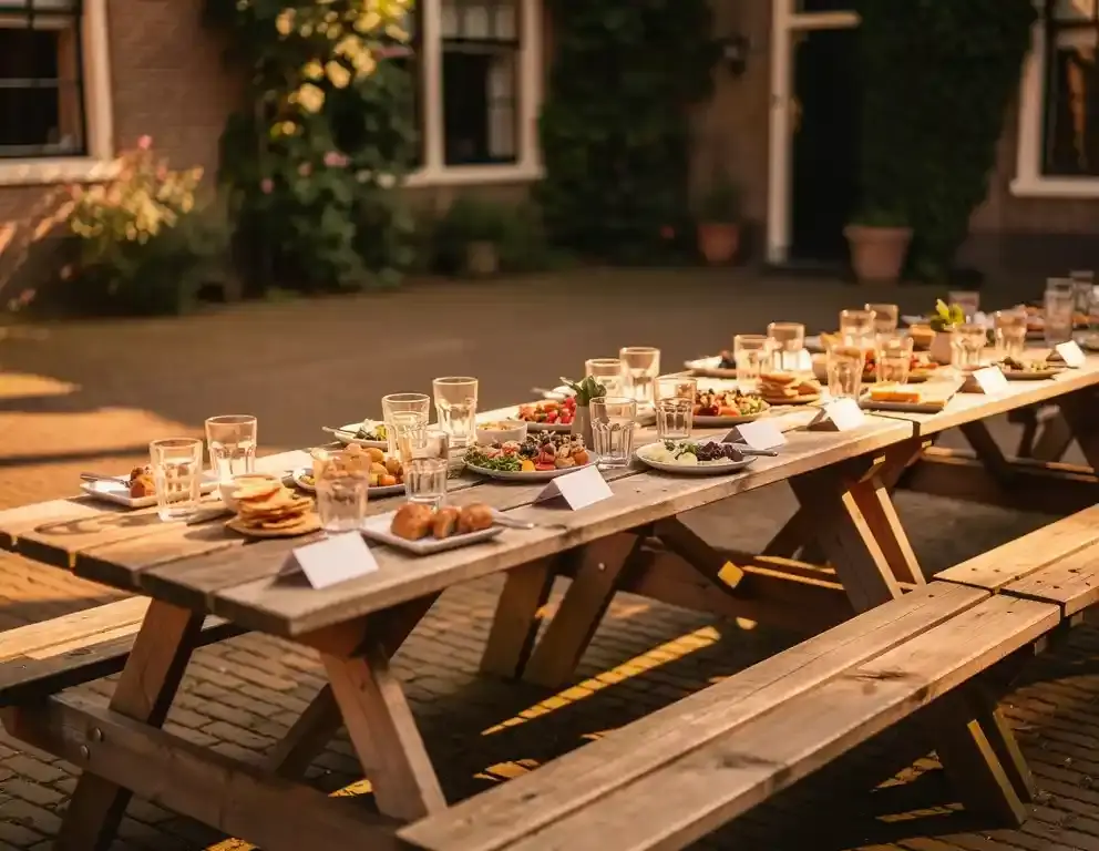 Houten picknicktafel gedekt voor een bedrijfsborrel op een Hollands plein, met glazen en hapjesbordje in warm middaglicht.