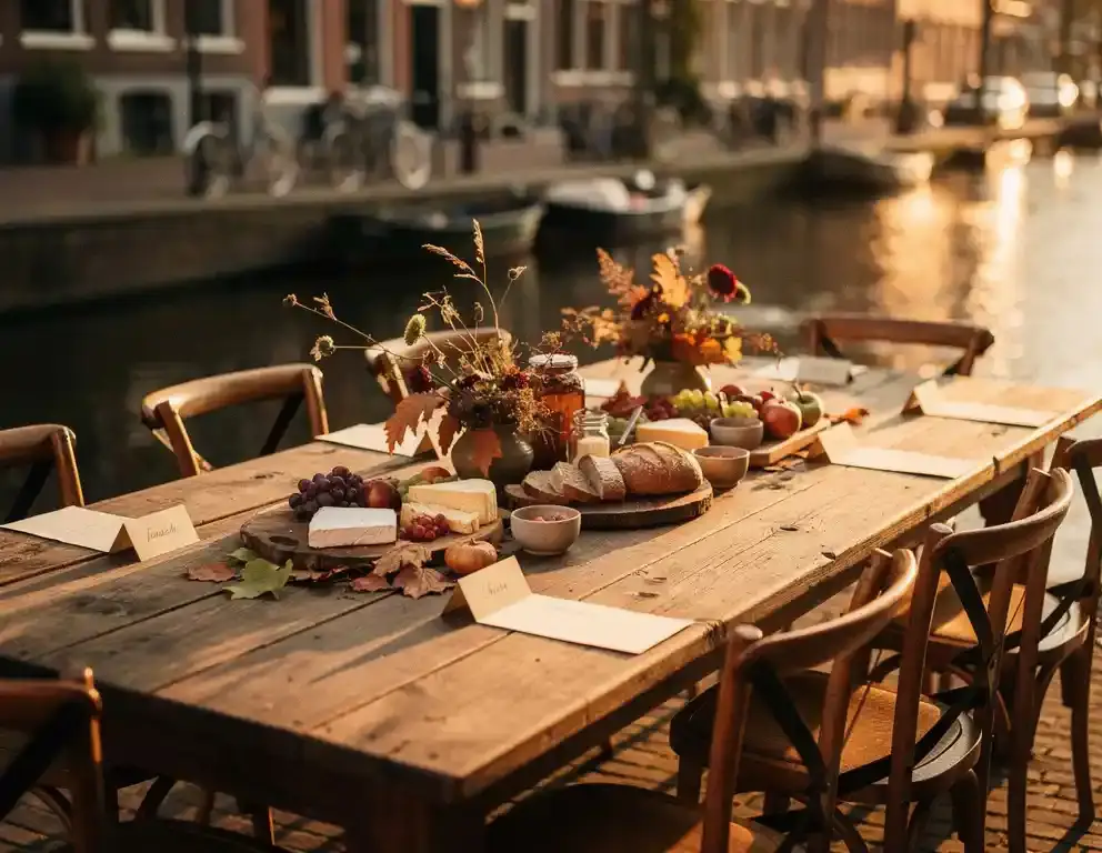 Rustieke houten tafel op een Amsterdams kanalenterras met naamkaartjes, gedeelde schalen en herfstbladeren in warm middaglicht.