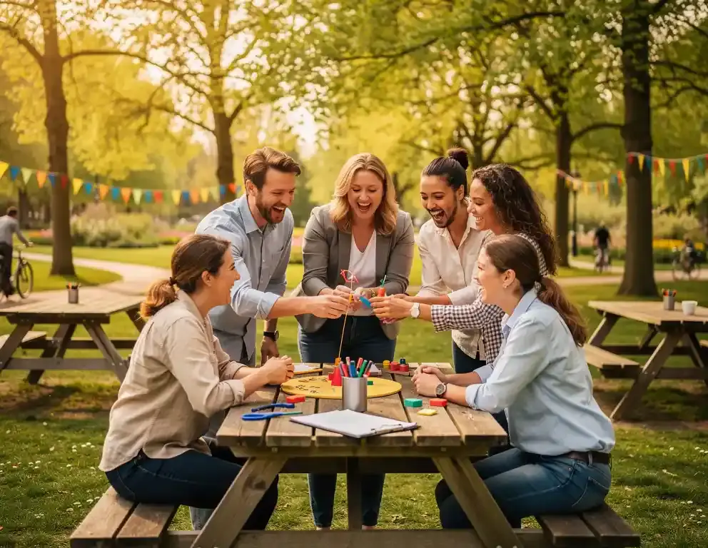 Collega's lachen samen tijdens een buitenactiviteit voor teambuilding in een Nederlands park, houten picknicktafels op de achtergrond.
