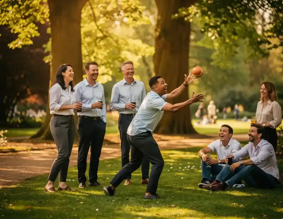 Collega's lachen tijdens een buitenactiviteit in het Sonsbeek park in Arnhem, één persoon gooit een bal tijdens een spelletje op het gras.