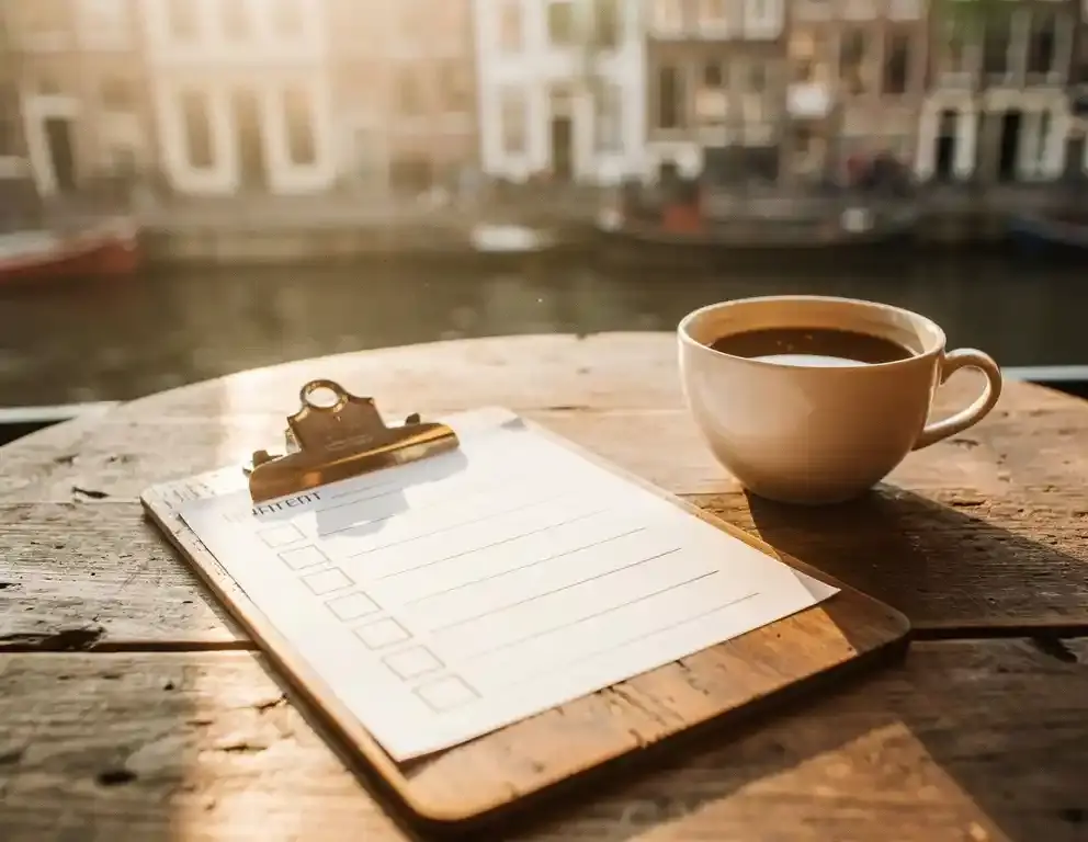 Verouderd houten klembord met checklist op rustiek cafétafel in Nederlandse binnenstad, grachten en grachtenpanden op achtergrond.