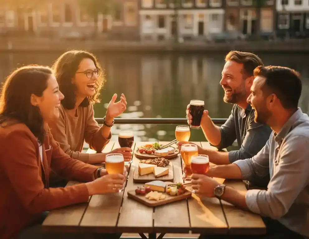 Collega's lachen samen op een Amsterdams terras aan de gracht, met craft bier en snackplanken in het gouden middaglicht.