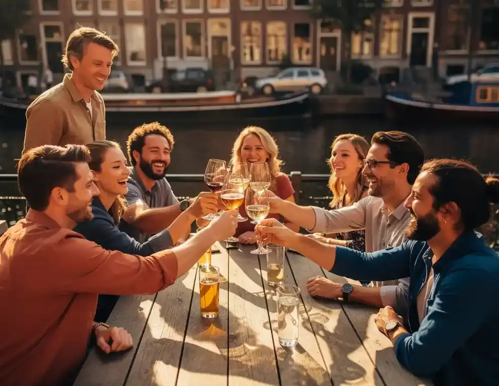Tien collega's proosten met drankjes op een zonnig Amsterdams kanalenterras, historische gevels en houten boten op de achtergrond.