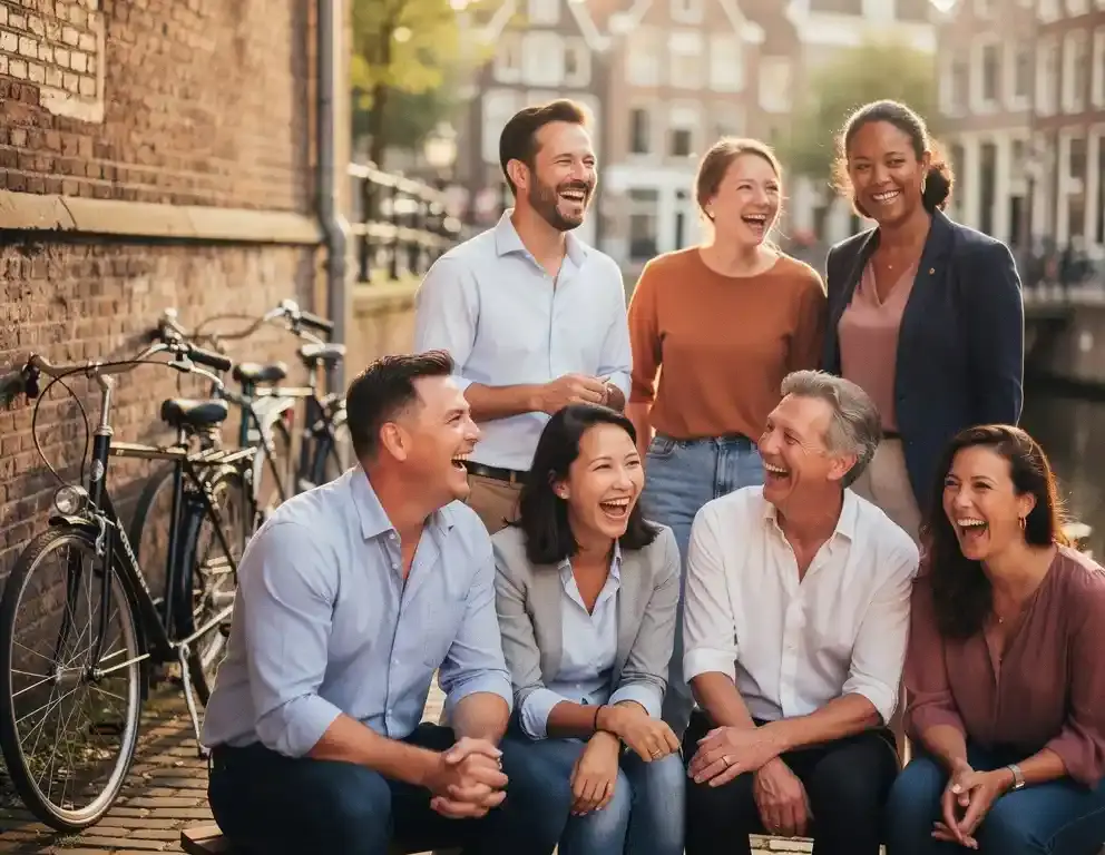 Collega's lachen samen tijdens een buitenactiviteit in een Amsterdamse grachtenbuurt, fietsen tegen een oude bakstenen muur.
