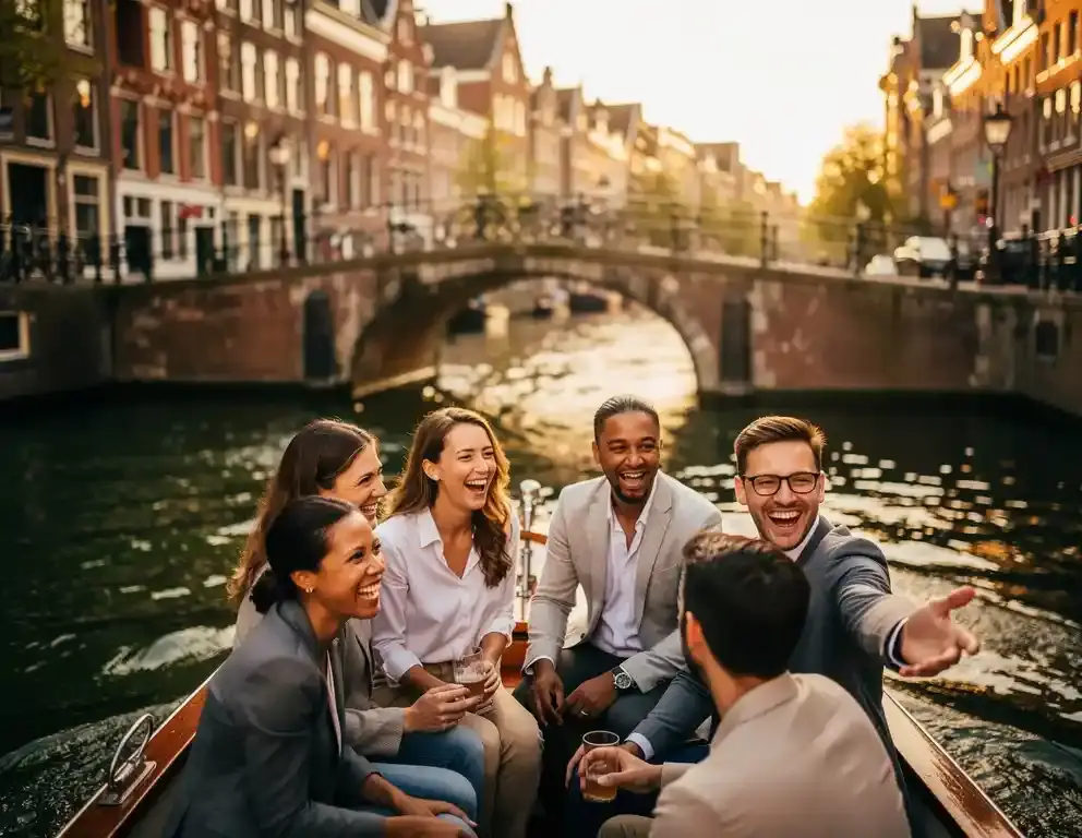 Lachende collega's op een rondvaartboot door Amsterdamse grachten, omringd door historische gevels weerspiegeld in groen water.