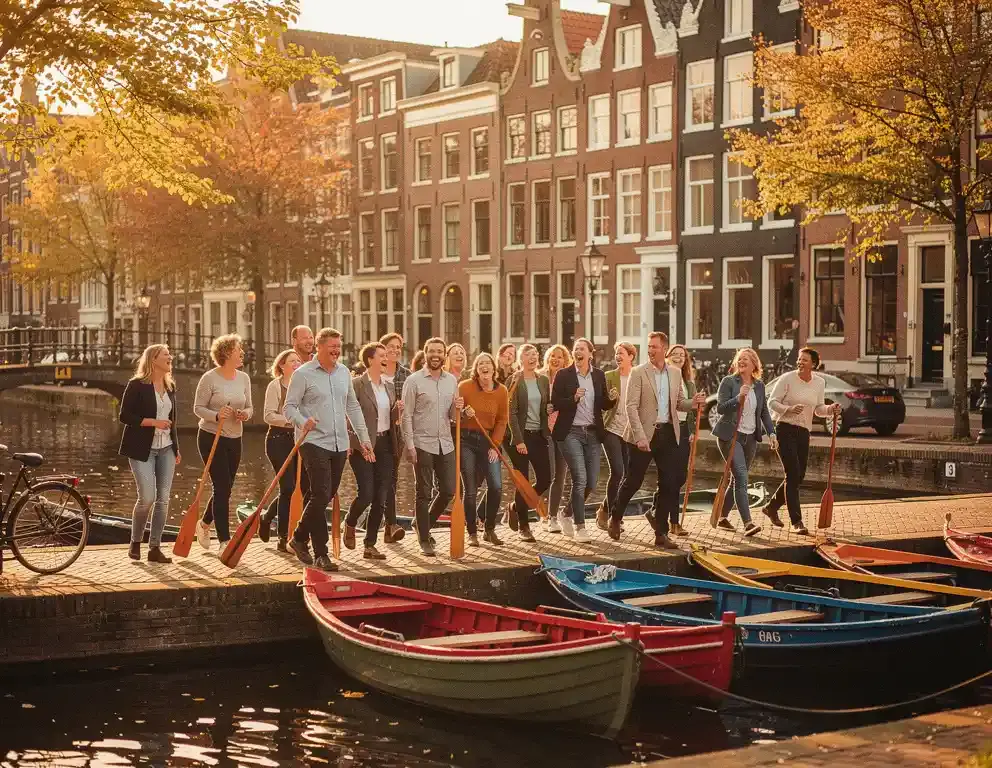 Collega's lachen samen bij kleurrijke houten kanalenboten op een zonnige Amsterdamse kade in de herfst.