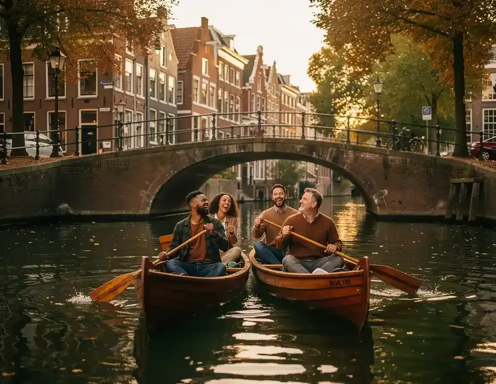 Collega's lachen en peddelen in houten kano's door een smalle Amsterdamse gracht, omgeven door historische gevels en herfstige bomen.