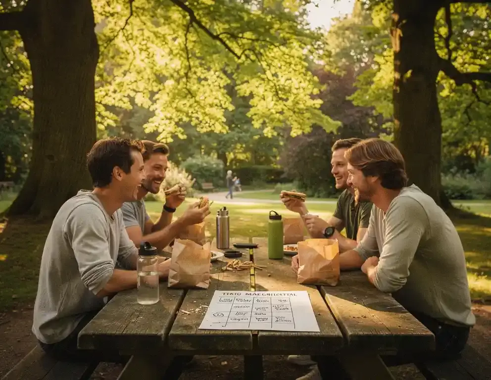 Collega's delen sandwiches en water aan een versleten picknicktafel in een Arnhems park, omringd door eiken in warm middaglicht.