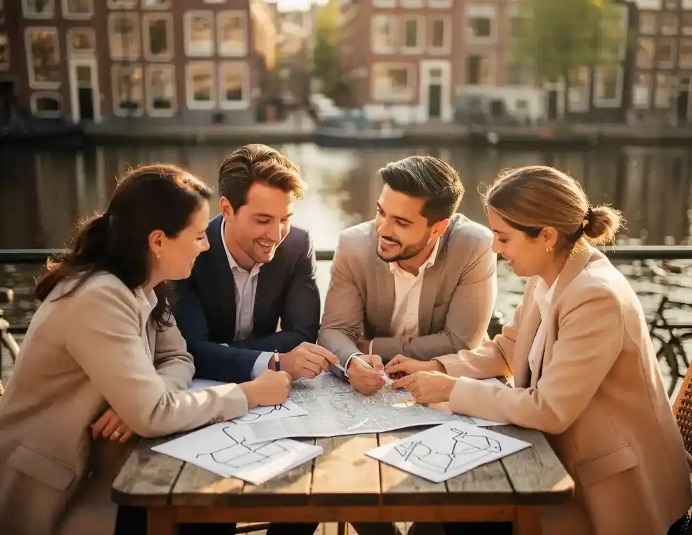 Collega's bestuderen een gedrukte kaart en handgeschreven notities aan een houten terrastaffel langs een Amsterdams kanaal in warm middaglicht.