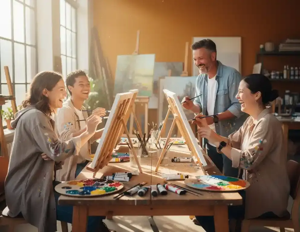Collega's lachen en schilderen op doeken in licht Nederlands atelier met verfpalets en kwasten op houten werktafel.