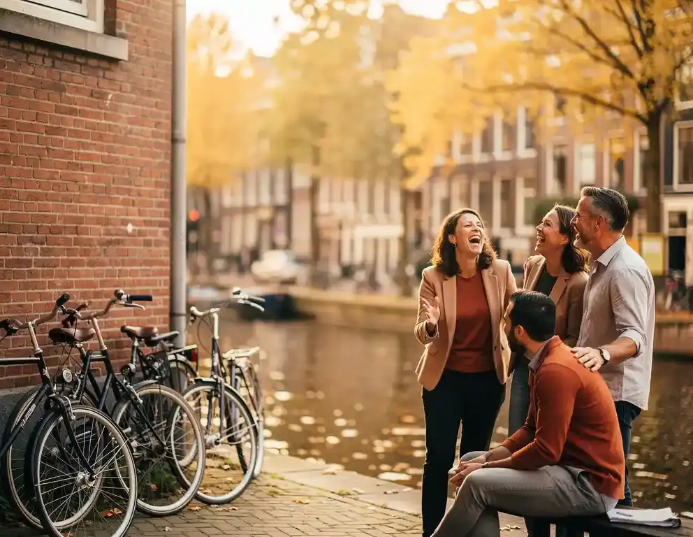 Collega's lachen samen tijdens een buitenactiviteit langs een Amsterdamse gracht, fietsen tegen bakstenen muur, gouden herfstlicht.
