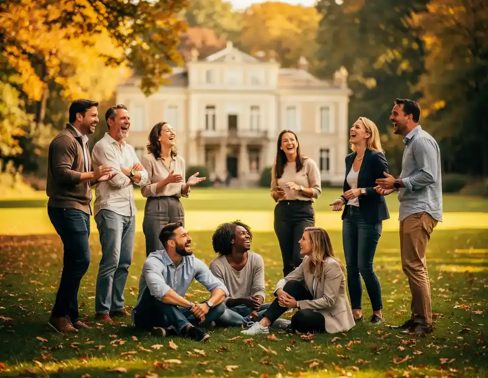 Collega's lachen tijdens een teambuildingactiviteit in het Sonsbeekpark in Arnhem, omgeven door gouden herfstbladeren en historische villabouw.