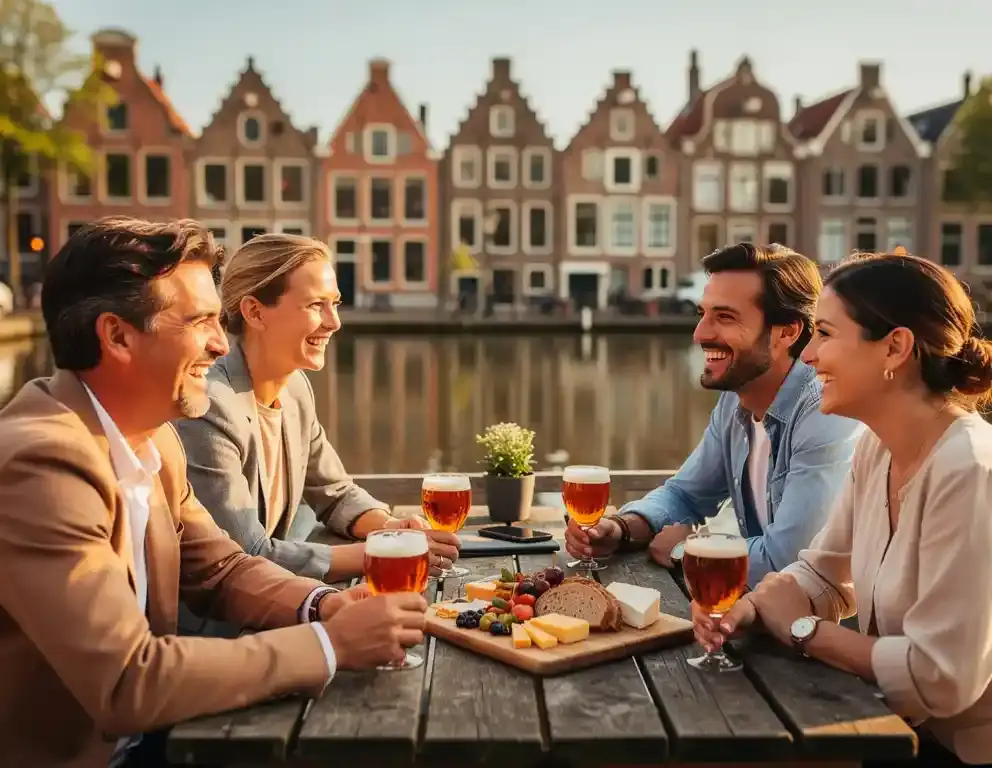 Collega's lachen samen aan een houten picknicktafel op een zonnig Amsterdams terras aan de gracht, met craft bier en borrelplank.