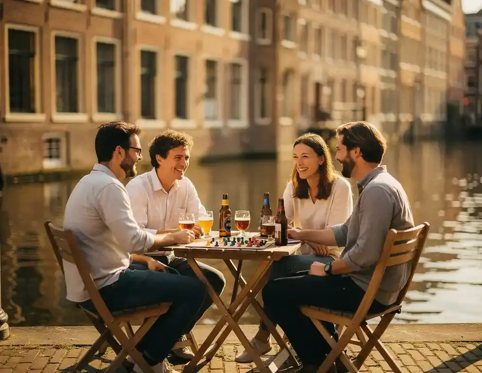 Collega's ontspannen op een zonnig Amsterdams kanaalterras met craft bier en een bordspel, historische gevels op de achtergrond.