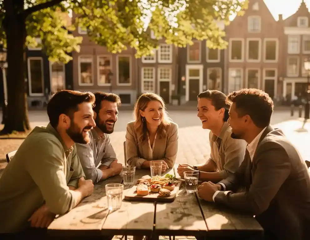 Collega's lachen samen rond een houten tafel op een historisch Nederlands stadsplein, met drankjes en een snackplank in warm middaglicht.