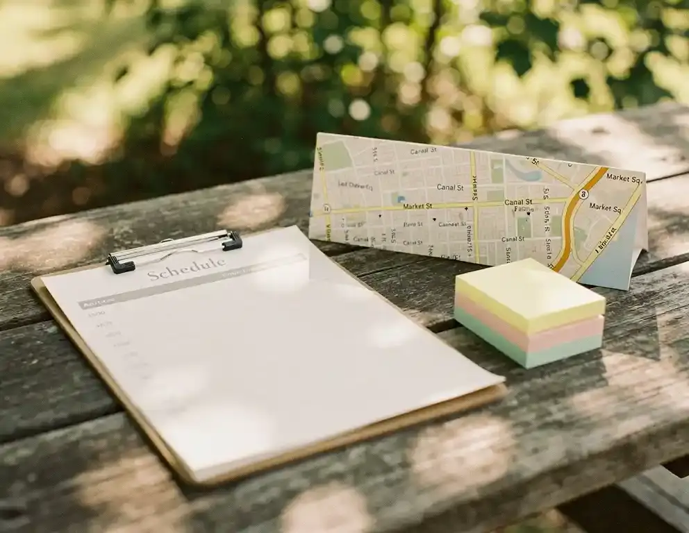 Dageschema op klembord op houten picknicktafel, met opgevouwen stadskaart en gekleurde sticky notes in zacht Nederlands middaglicht.