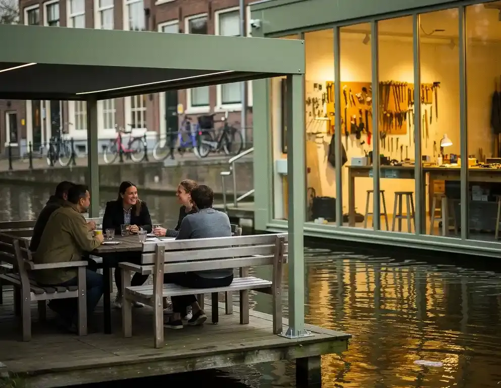 Collega's bijeen op een terras langs een Amsterdams kanaal, onder een moderne luifel met houten banken, zacht middaglicht op het water.