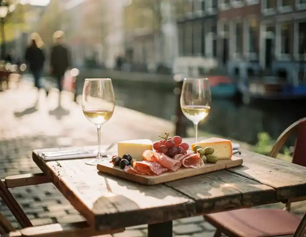 Twee wijnglazen en een charcuterieplank op een houten terrastafeltje aan een Hollandse gracht, grachtenpanden op de achtergrond.