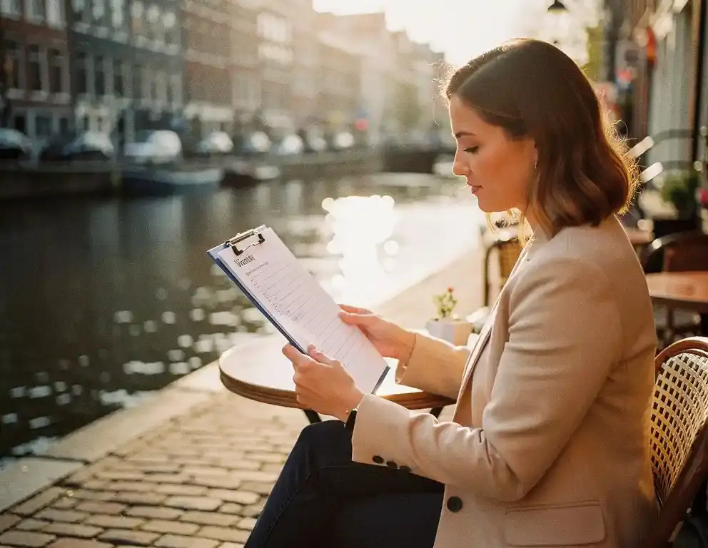 Zakelijke eventorganisator bekijkt checklist op klembord op zonnig terras langs Amsterdams gracht, kasseien en bakstenen gevels op achtergrond.