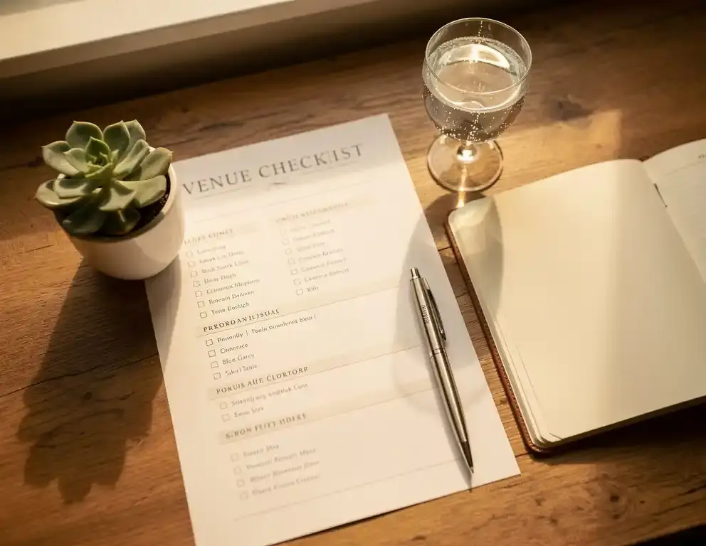 Evenementenplanning flat lay met checklist, notitieboek met tijdlijn, pen, succulent en bruiswater op een eikenhouten tafel.