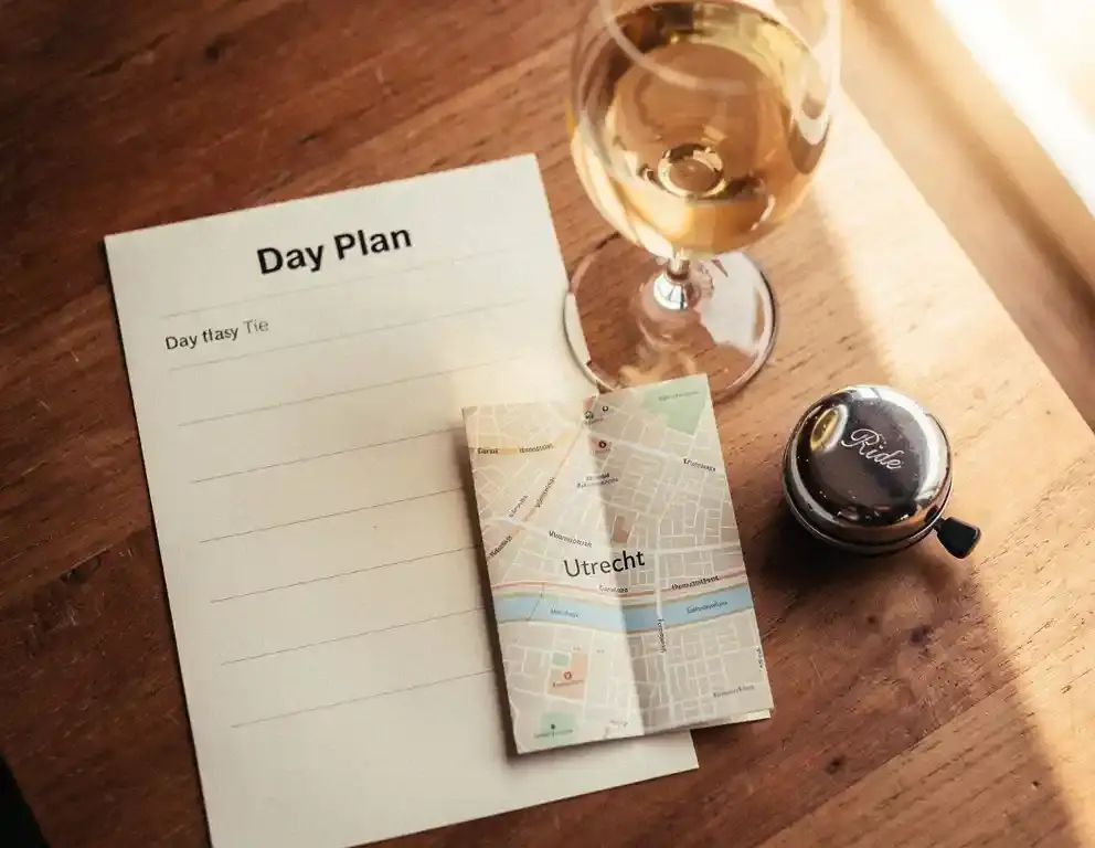 Evenementenplanning flatlay met dagschema, stadskaart, glas witte wijn en fietsbel op houten tafel in warm middaglicht.