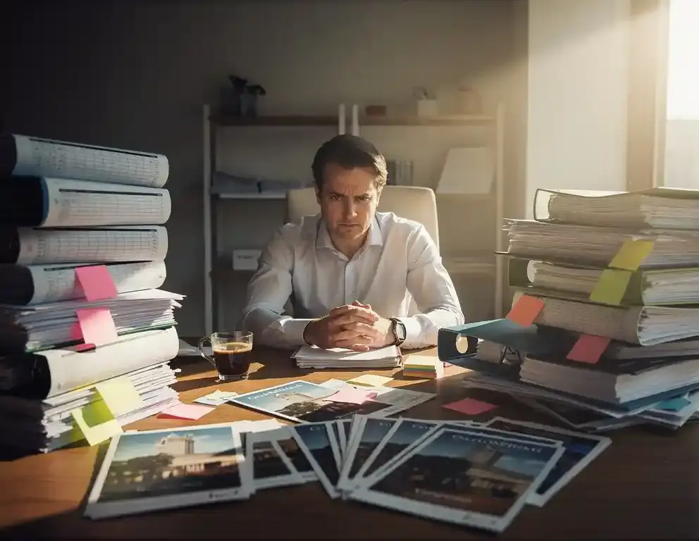 Gestresste kantoormedewerker omringd door stapels spreadsheets, sticky notes en locatiebrochures op een rommelig bureau, koude koffie ernaast.