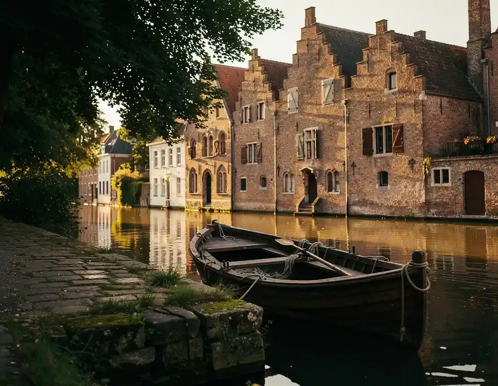 Historisch Zutphens kanaal met middeleeuwse bakstenen gevels, een houten roeiboot aan een bemoste kade in warm middaglicht.