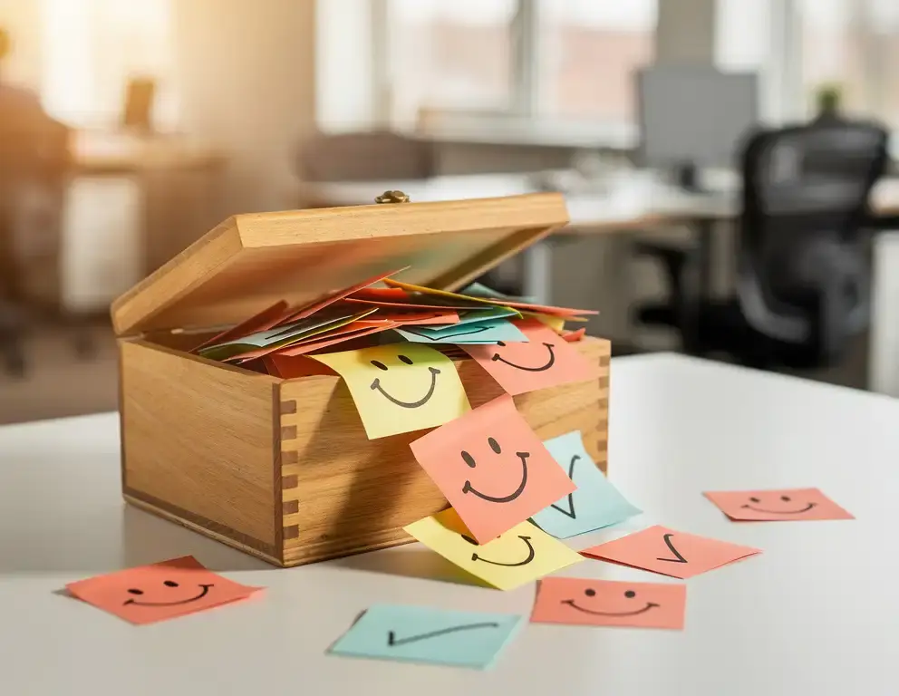Houten ideeënbus met kleurrijke gevouwen papierbriefjes op een kantoorbureau, met smileyfaces en vinkjes, open kantoor op de achtergrond.