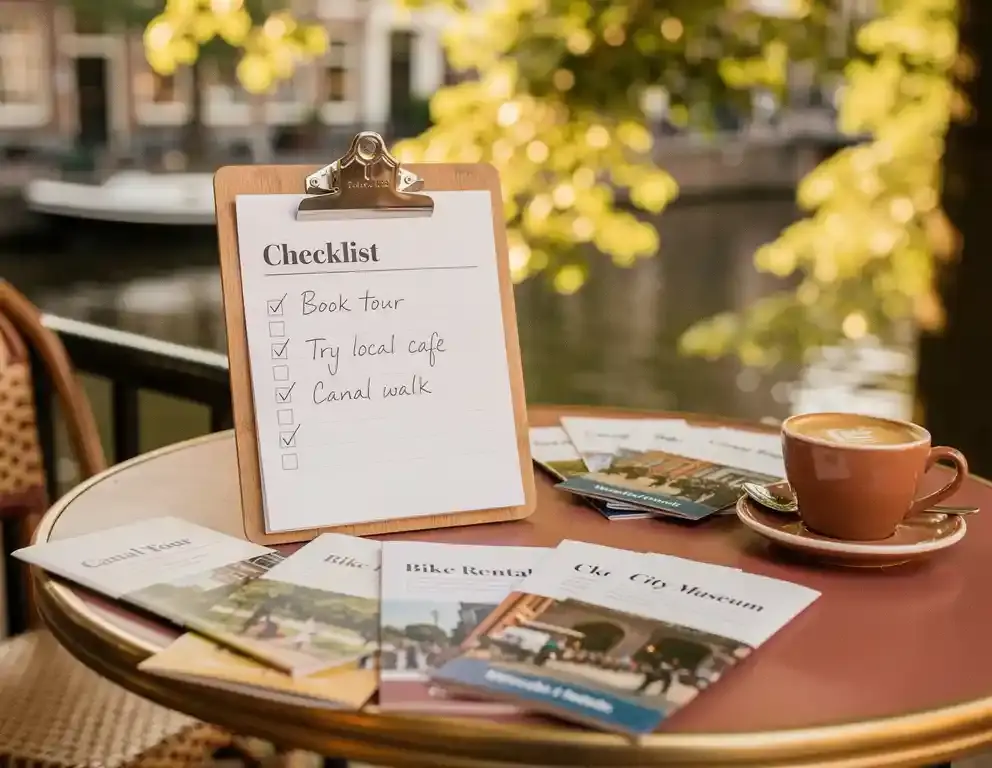 Houten klembord met checklist op terrastafeltje in Nederlandse grachtenstad, omringd door activiteitenbrochures en koffie in middagzon.