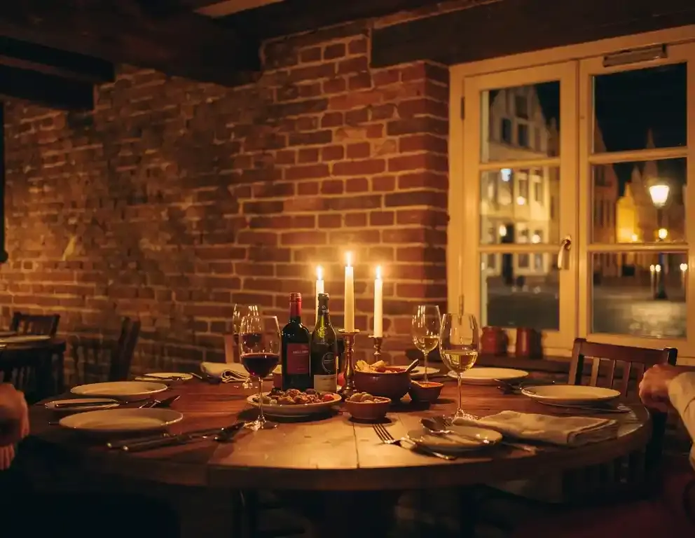 Kaarslicht verlicht een gedekte restauranttafel in een historisch pand in Zutphen, met bakstenen muren, houten balken en gedeelde gerechten.