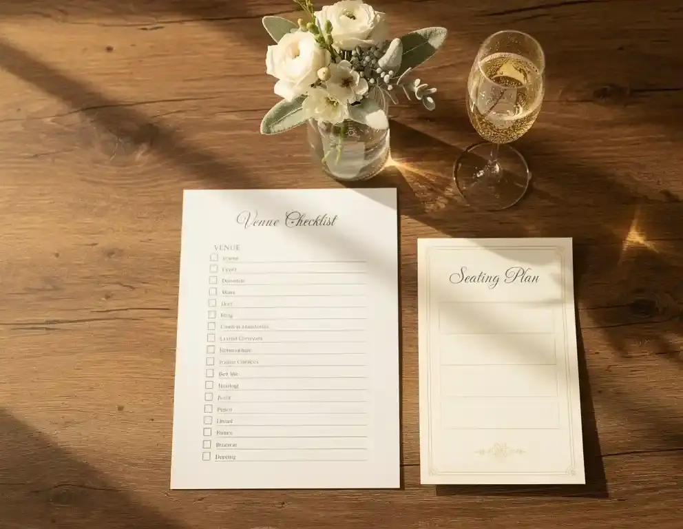 Locatiechecklist, bloemenboeket, glas prosecco en zitplaatsenplan op houten tafel, zachte middaglichten, eventplanning flat lay.