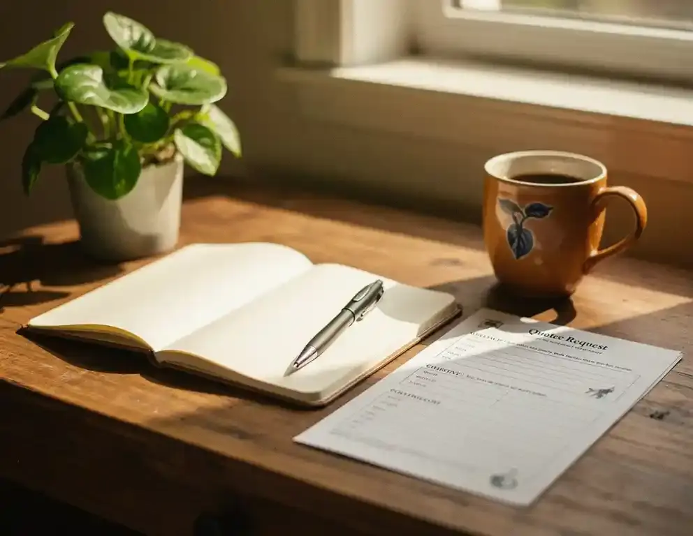 Houten bureau met opengeslagen notitieboek, pen op offerteformulier, potplantje en koffiekopje in warm middaglicht.