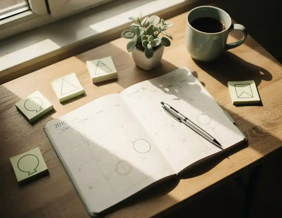 Open papieren planner op houten bureau met pen, sticky notes, koffiemok en potplant in warm middaglicht.