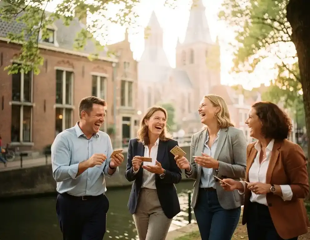 Collega's lachen tijdens een buitenpuzzelroute langs de historische gracht in Zutphen, met een kerktoren en bakstenen gevels op de achtergrond.
