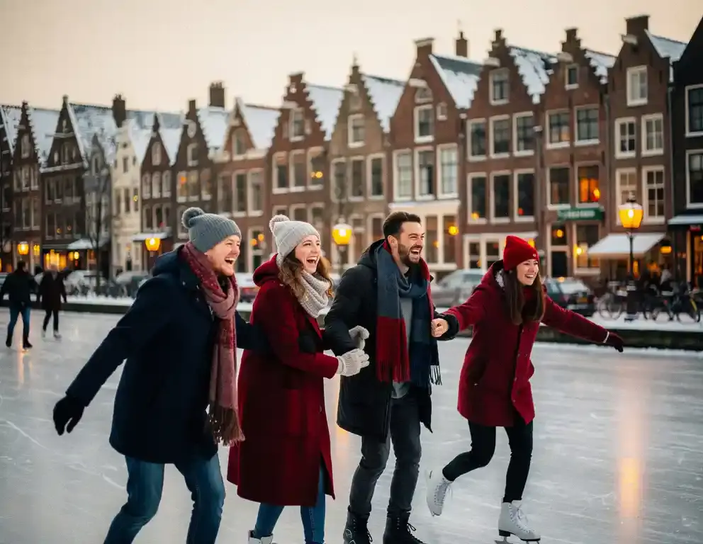 Collega's lachen tijdens schaatsen op bevroren Amsterdams gracht, historische gevels op achtergrond, gouden middaglicht.