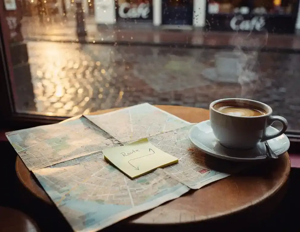 Versleten stadskaart op een cafétafel naast een espresso, met een handgeschreven notitie en een regenachtig Amsterdams straatje op de achtergrond.