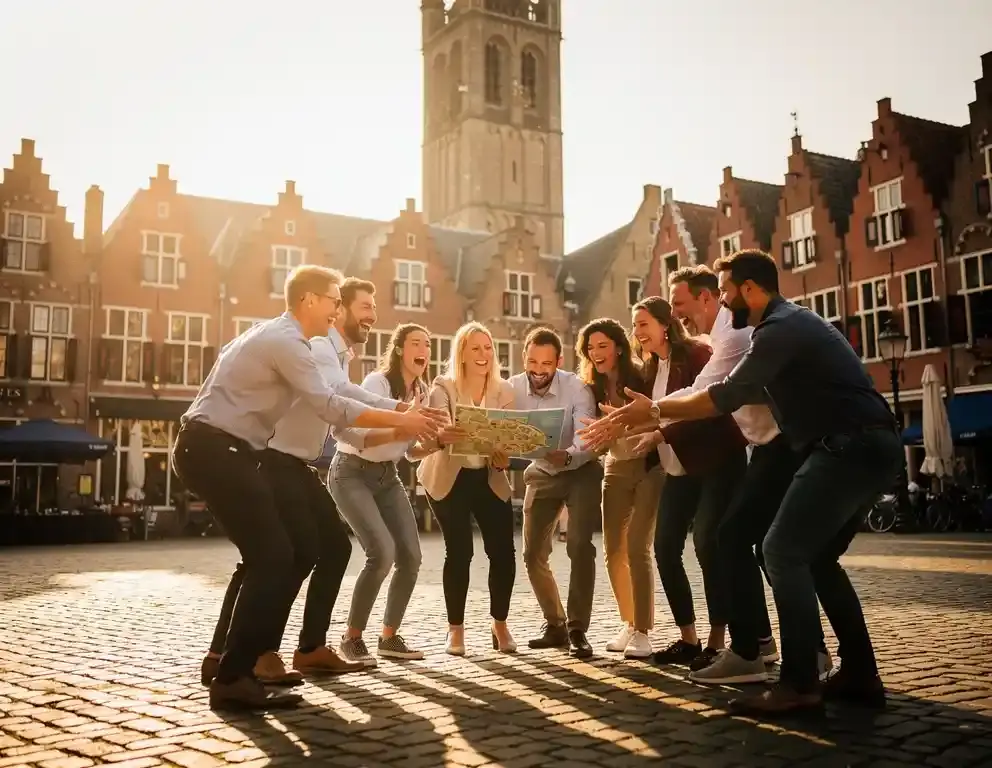 Collega's lachen en samenwerken tijdens een buitenspel op een kinderkopjesplein in Zutphen, met middeleeuwse gildehuizen en kerktoren op de achtergrond.