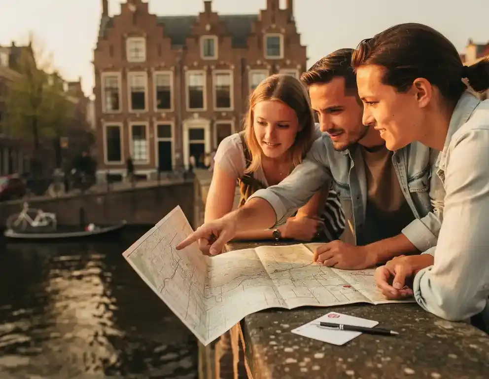 Collega's bestuderen een verouderde papieren kaart op een Amsterdamse grachtenbrug, wijzend naar een historisch grachtenpand in de achtergrond.