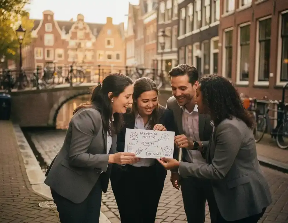 Collega's bestuderen een handgetekende aanwijzingskaart op een Amsterdams straatje met klinkers, historische grachtenbrug en bakstenen gevels op de achtergrond.