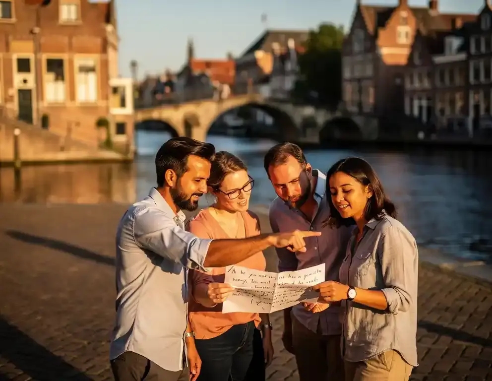 Collega's bestuderen een papieren aanwijzing op een zonnig Hollands marktplein, terwijl één persoon wijst naar een grachtenbruggetje in de verte.
