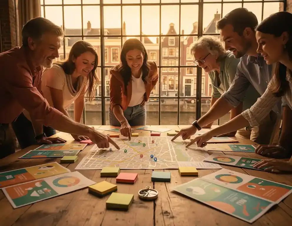 Collega's plannen teamuitje rond houten tafel met stadskaart, activiteitenfolders en plakbriefjes in zonnig Amsterdams kantoor.