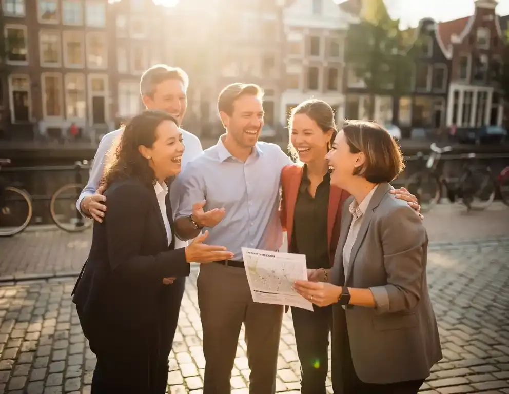 Collega's lachen samen tijdens een buitenteamuitdaging op een Nederlandseplein, met kasseien en historische grachtenpanden op de achtergrond.