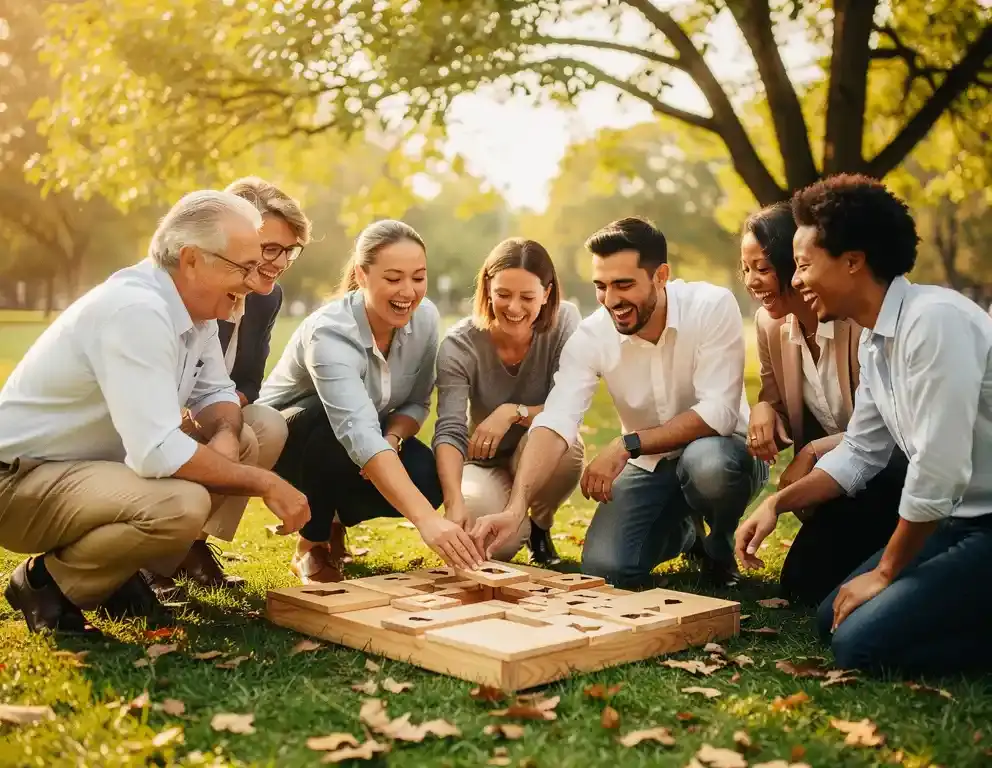 Collega's lachen samen tijdens een buitenactiviteit rond een houten puzzeluitdaging in een park, in warm middaglicht.